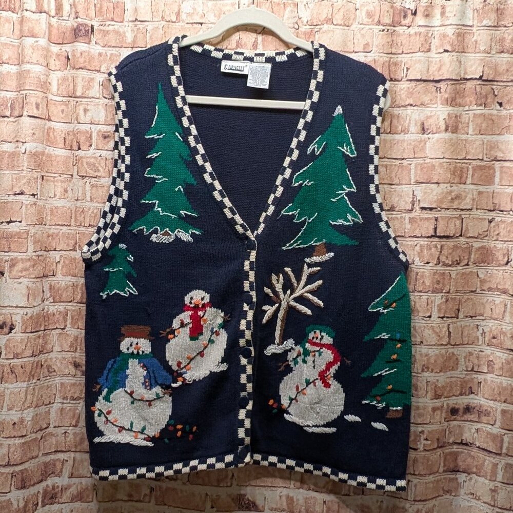 Capacity Sweater Vest Festive Snowman and Tree Size XL